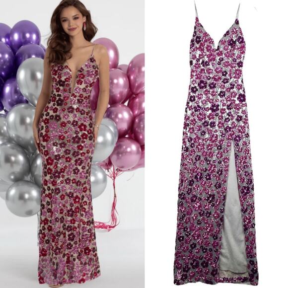 B Smart Full Length Sequined Floral Formal Prom Dress Plunge Form Fitting 3/4 - Picture 1 of 11